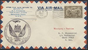 1931 Flight Cover Winnipeg MAN to Grand Forks ND Cachets on Back AAMC #3105b