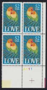 1991 Love Birds Plate Block Of 4 52c Postage Stamps, Sc# 2537, MNH, OG