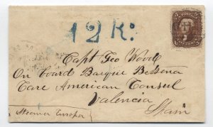 1862 5ct red brown #75 Boston MA to Valencia Spain cover [6612]