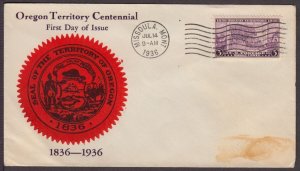 1936 Oregon Territory 100 years Sc 783-2a FDC Unknown cachet Astoria OR