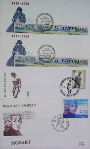 Belgium 4 Covers Waterloo, Sculpture of Despiau and Mozart X866-