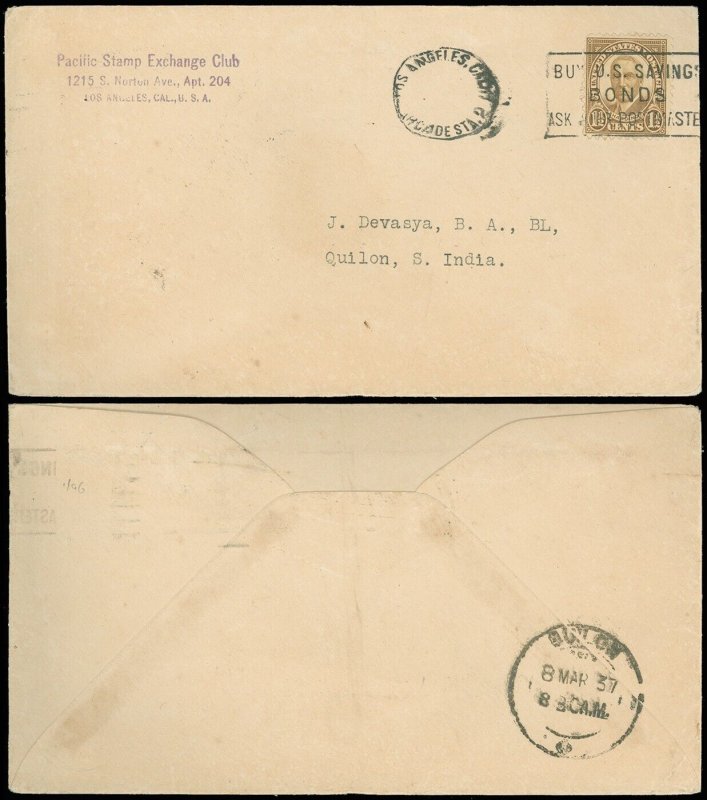 1937 PACIFIC STAMP CLUB C/C, For'n Dest Cov - QUILON S. INDIA, Printed Rate #684