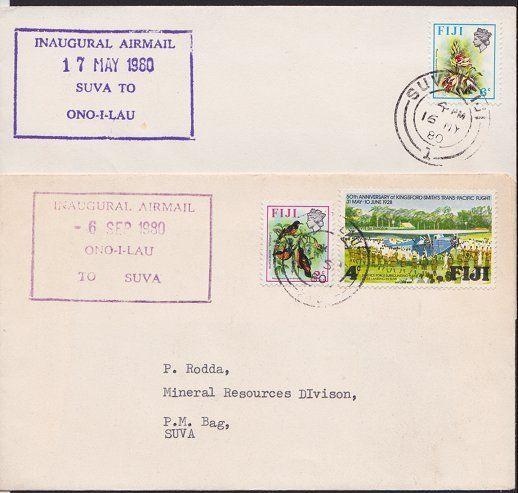 FIJI 1980 pair of first flight covers SUVA - ONO-I-LAU and return...........5708