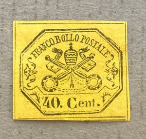 Roman States 17 - 1867 Glazed 40c Yellow Papal Coat of Arms Stamp, Imperforate