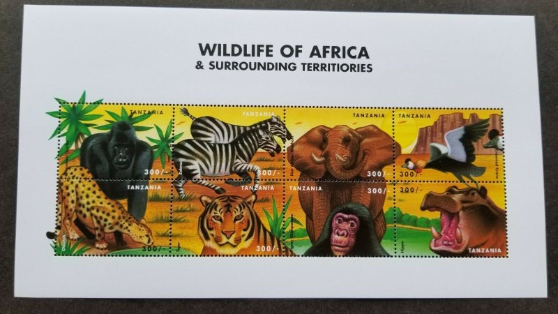 Tanzania Wildlife Africa 2000 Tiger Bird Elephant Zebra Monkey Gorilla (ms) MNH