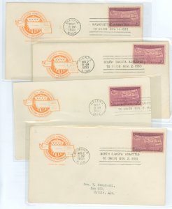 US 858 1935  3c Fiftieth Anniversary of four states on four addressed (typed) FDC's with 4 state capitols and matching h...