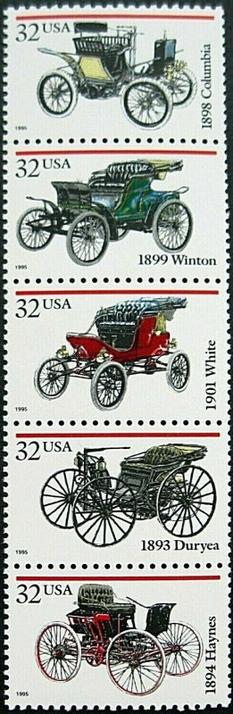 3019-23 32¢ Antique Automobiles Strip of Five, Mint NH OG  VF