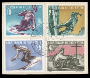 Liechtenstein #289-292 Cat$23.60, 1955 Skiing, set of four used on piece