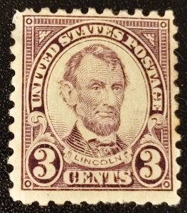 Scott Stamp #555 Unused 1923 3¢ Lincoln, Violet stamp.  Partial OG, HR.