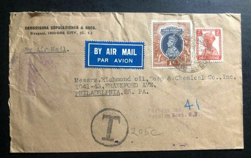 1946 Indore City India Airmail Commercial Cover To Philadelphia Pa USA