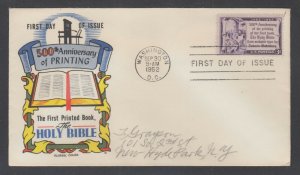 US Planty 1014-14 FDC. 1952 3c Gutenberg Press, Fluegel cachet, pencil addressed