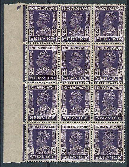 INDIA GVI SERVICE 2½a  SGO148 marginal block of 12 MNH.....................45427