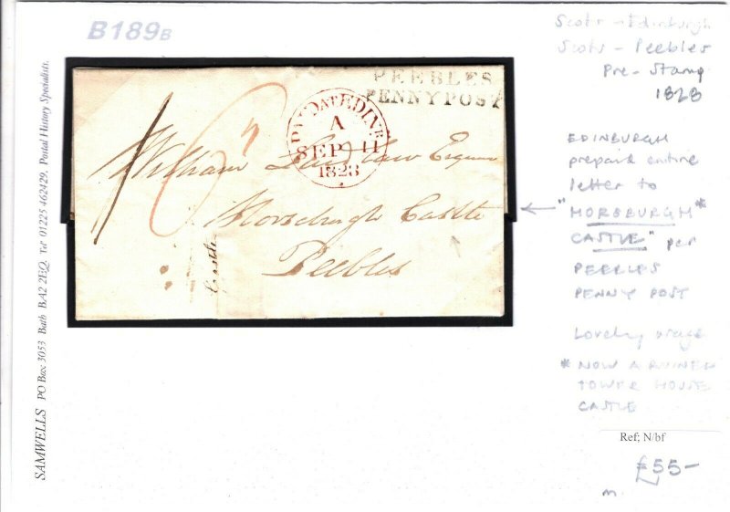 GB SCOTLAND Edinburgh Prepaid EL Horsburgh Castle Peebles Penny Post 1828 B189b