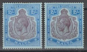 MALTA 1914 KGV 2/- BOTH SHADES WMK MULT CROWN CA