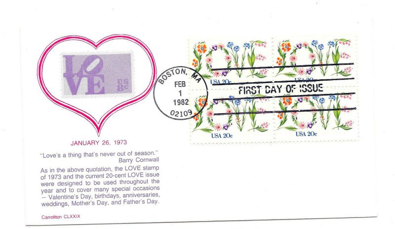 1951 Love Carrollton block of 4 FDC