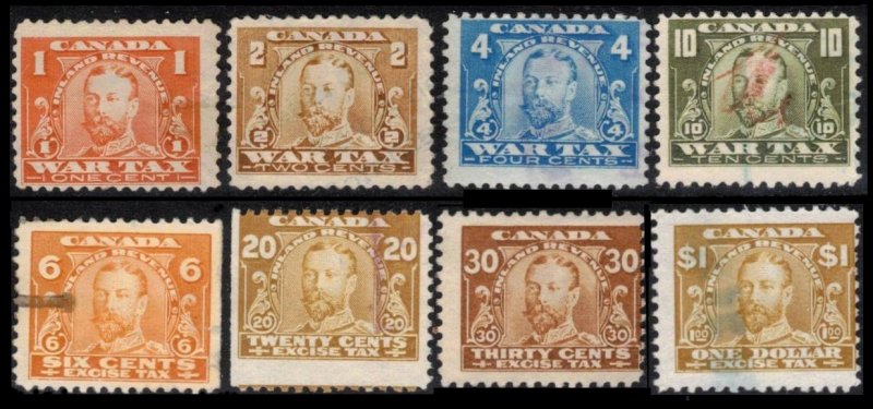 CANADA REVENUE 1915 #FWT7 FWT8 FWT10 FWT13 FX3 FX7 FX8 FX14 8 OLD WAR TAX STAMPS