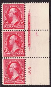 US 279B 2c Washington Mint Plate #809 Strip of 3 F-VF OG NH SCV $85