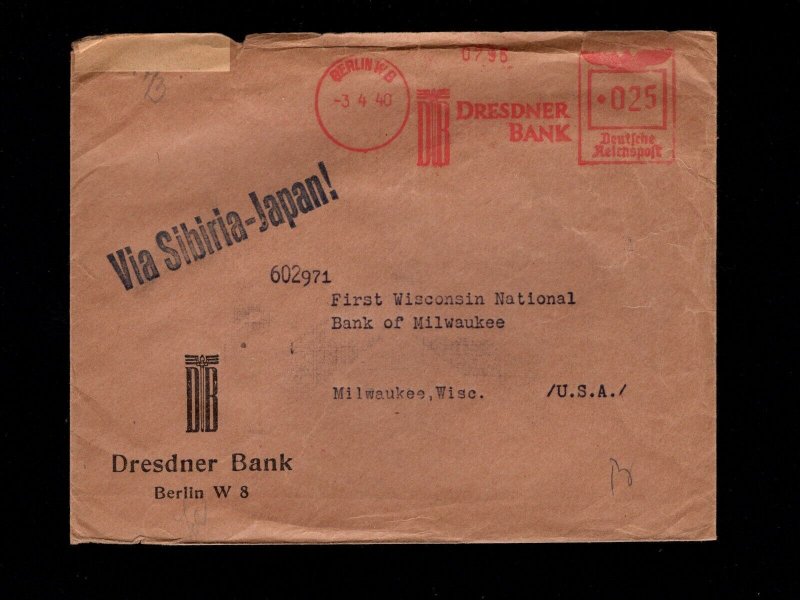 Germany Berlin Meter 1940 Via Siberia-Japan HandSt Censor to USA Cover 4