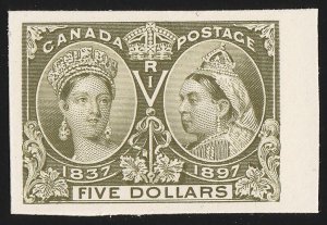 CANADA 1897 QV Jubilee $5 imperf proof. Unitrade 65P cat C$800. Only 800 printed