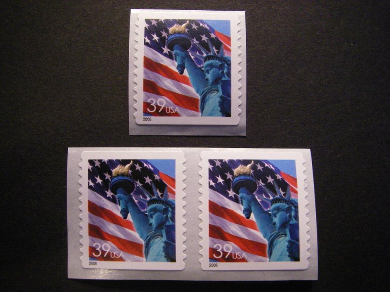 Scott 3980, 39c Lady Liberty, Single & Pair, MNH Coil Beauty