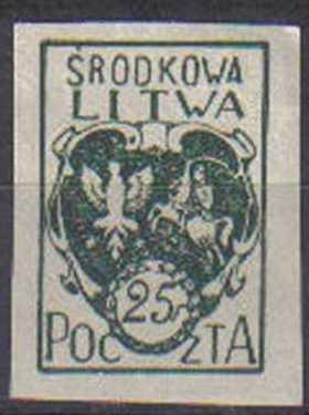 CENTRAL LITHUANIA, 1920, used  25f Imperf