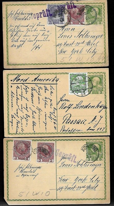 AZ1i  Austria 3 cards 1915 WW1 Gepruft Komotau to U.S.A. New York City