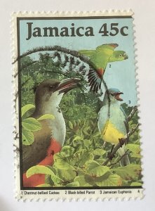 Jamaica  1988  Scott  679  used -  45c , Birds,  Cuckoo & parrot