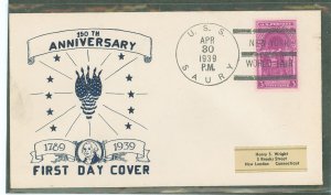 US 854 1939 3c Washington's Ignauguration/150th anniv on an addressed (label) FDC with a Horton cachet and an unofficial...