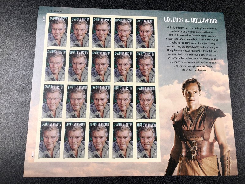 US 4892 Charlton Heston Legends of Hollywood Forever Stamp Sheet of 20 MNH