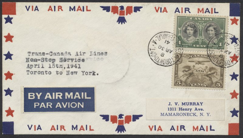 1941 Apr 30 TCA First Non-Stop Flight Toronto to New York Cover #4107