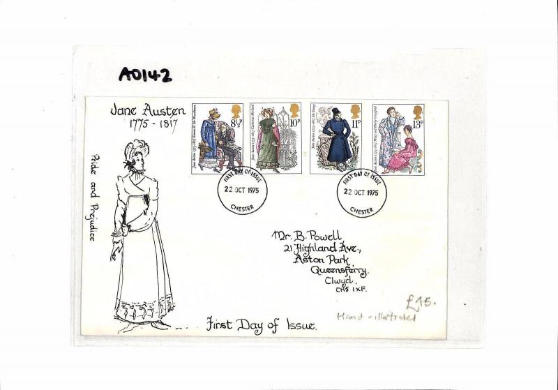 AO142 1975 GB HAND-ILLUSTRATED FDC First Day Cover *Jane Austen* {samwells}