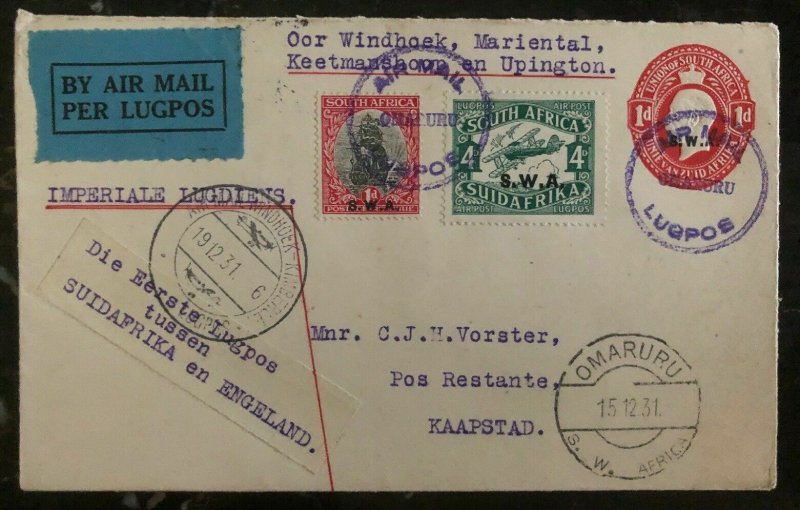 1931 Omaruru South West Africa First Flight Cover FFC To Capetown Imperial Airwa