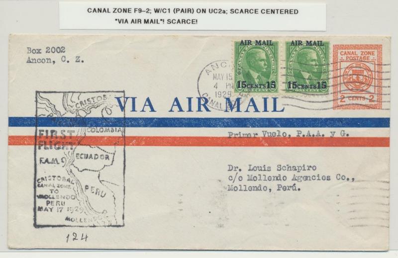 CANAL ZONE 1929 1st FLIGHT TO PERU, 2c ENVELOPE(UC2a)+C1 PAIR (SEE BELOW)