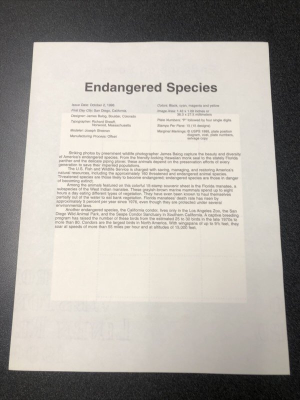 USPS 3105 Endangered Species Souvenir Page First Day Of Issue 1996