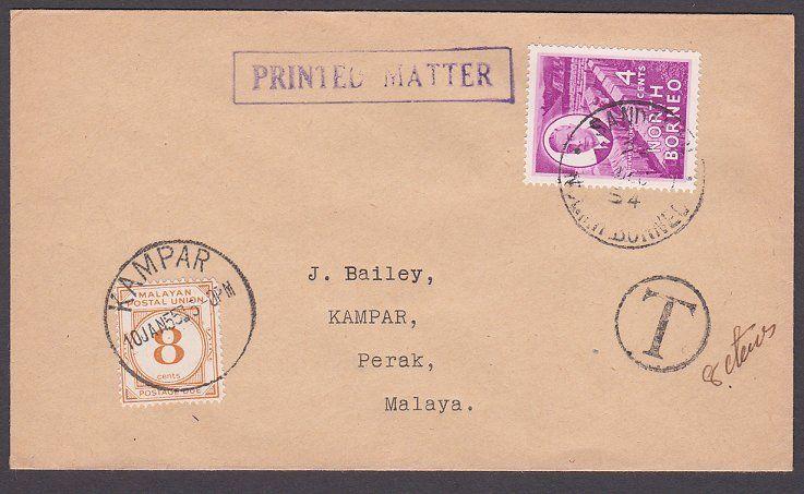 NORTH BORNEO TO PERAK MALAYA 1954 cover with 8c postage due at Kampar......87371