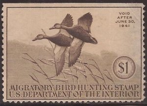 US Stamp - 1940 Duck Stamp Mallards No Gum, Straight Edge, Right Side Thin #RW7