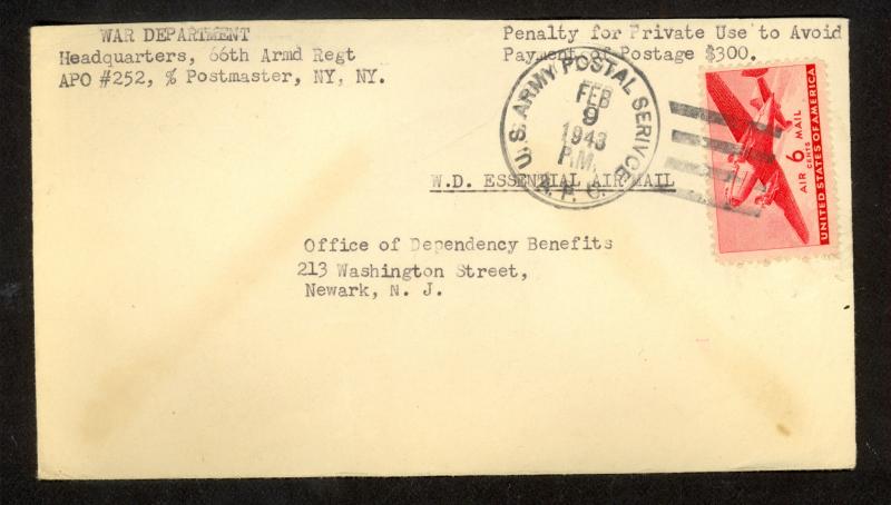 USA 1943 WAR DEPARTMENT ESSENTIAL AIRMAIL APO 252 Cover 6c Sc C25 to NY
