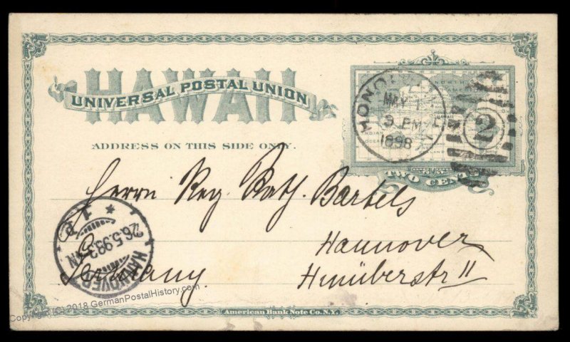 USA 1898 Honolulu Hawaii Postal Stationery Germany 2c Map Germany 95620