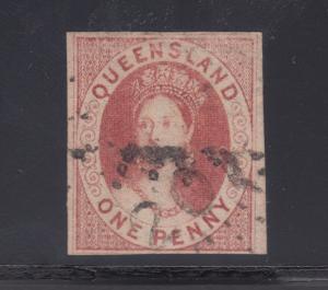 Queensland Sc 1 used 1860 1p Queen Victoria Chalon Head, tiny pinhole in cancel