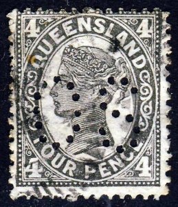 QUEENSLAND AUSTRALIA OFFICIAL 1907-11 4d. Grey-Black Die II PUNCTURED OS SG 294a