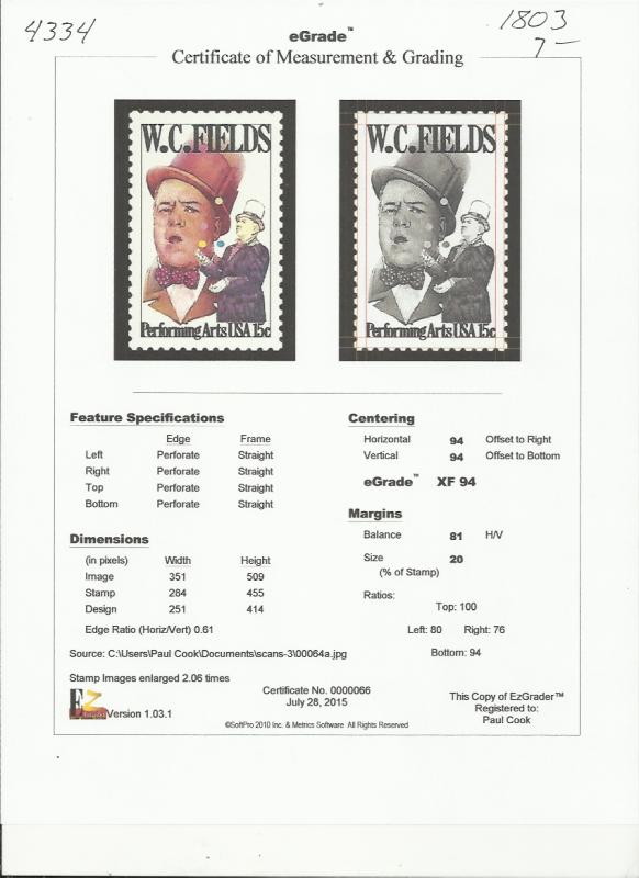 # 1803 MINT NEVER HINGED W.C. FIELDS XF+