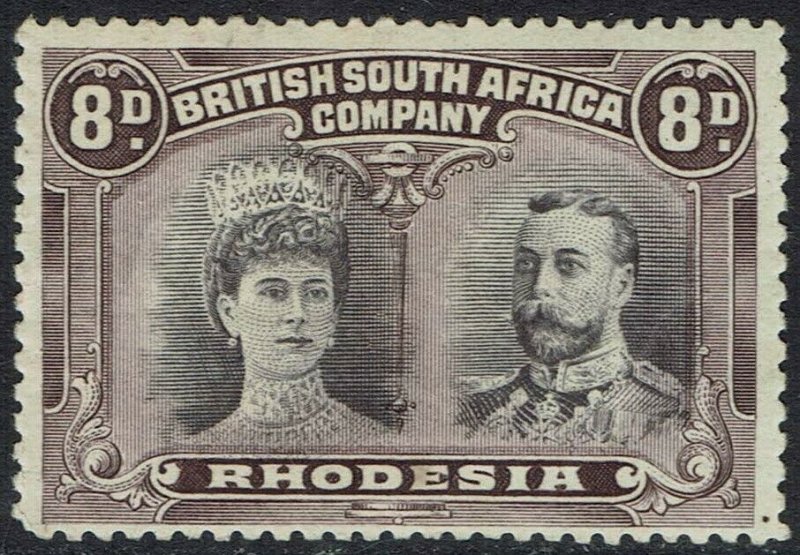 RHODESIA 1910 KGV DOUBLE HEAD 8D DULL PURPLE & PURPLE PERF 14 