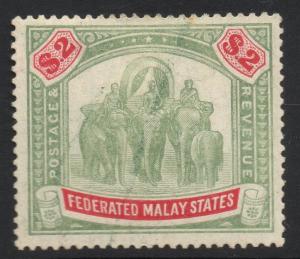 MALAYA FMS SG49 1907 $2 GREEN & CARMINE FISCAL USED