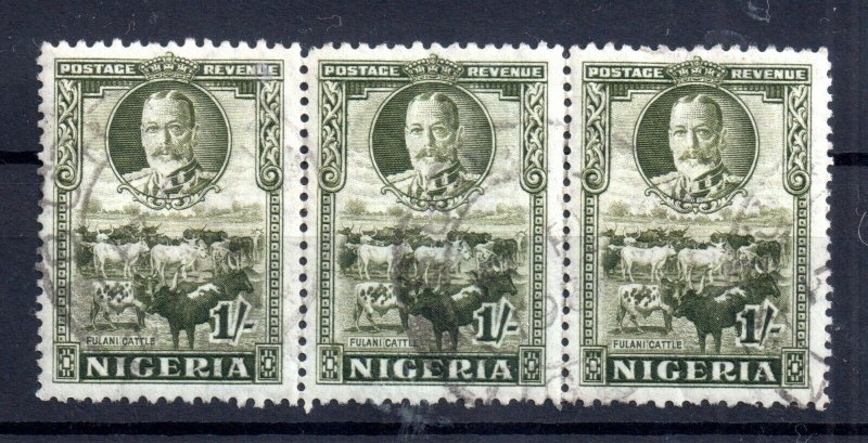 Nigeria 1936 KGV 1/- olive green used strip of 3 SG#41 WS16237