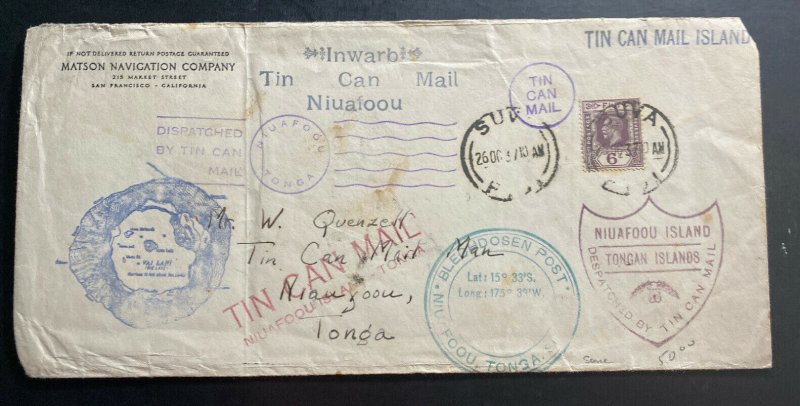 1937 Suva Fiji Matson Co Tin Can Canoe Mail cover To Niuafoou Tonga Toga