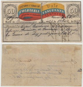 COLOMBIA 1887 INSURED LETTER Sc G7a WITH SOBERANO WTMK TO BUCARAMANGA SCV$125+