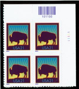 US  3468  Bison 21c - Plate Block of 4 -MNH - 2001 - V1111  UR