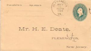 United States Virginia Alexandria 1894 oval grid  Postal Stationery Envelope.