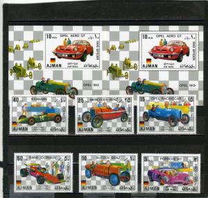 AJMAN 1971 OLD GERMAN RACING CARS SET OF 6 STAMPS & 2 S/S PERF. & IMPERF. MNH