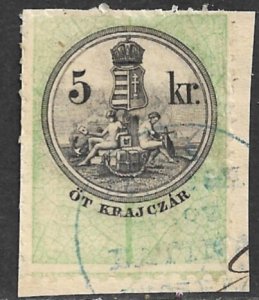 HUNGARY 1868 5kr LEAF DESIGN General Duty Revenue Pelure Paper BFT.6 Used Piece